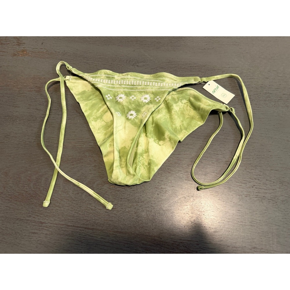 Aerie Green Tie Dye Floral Embroidered Side Tie Cheekier Bikini Bottom Medium